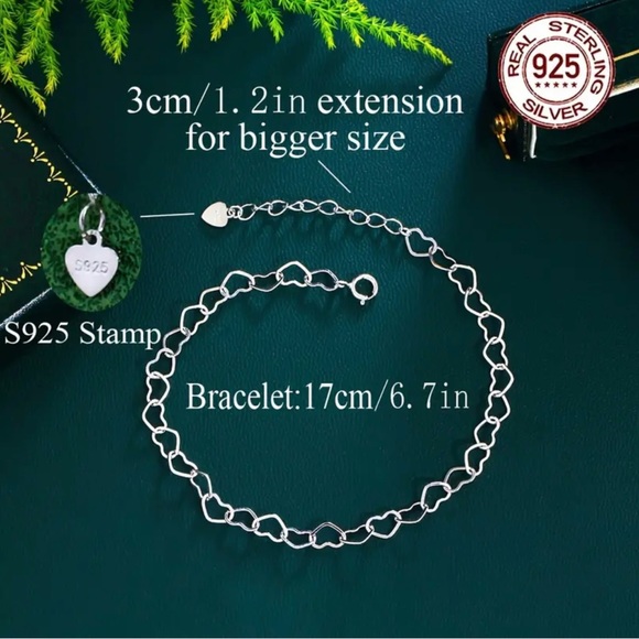925 Sterling Silver Hollow Out Love Heart Thin Chain Bracelet New in Box - Picture 5 of 6